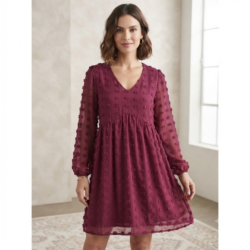 ABYOXI Burgundy Pom Pom Swiss Dot Babydoll Mini Dress Long Sleeve Medium